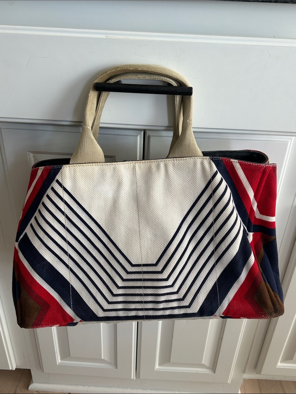 Prada Striped Canvas Tote in Red, Navy & Brown - Picture 9 of 10